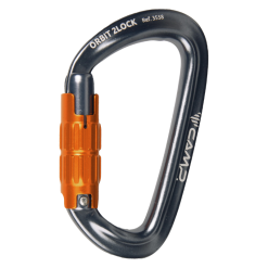 CAMP - Mosqueton Mod.: ORBIT 2LOCK - Color: Gun Metal/Orange - Peso: 50 Gr. - kN: 24 - Dimen.: 98 x 58 mm